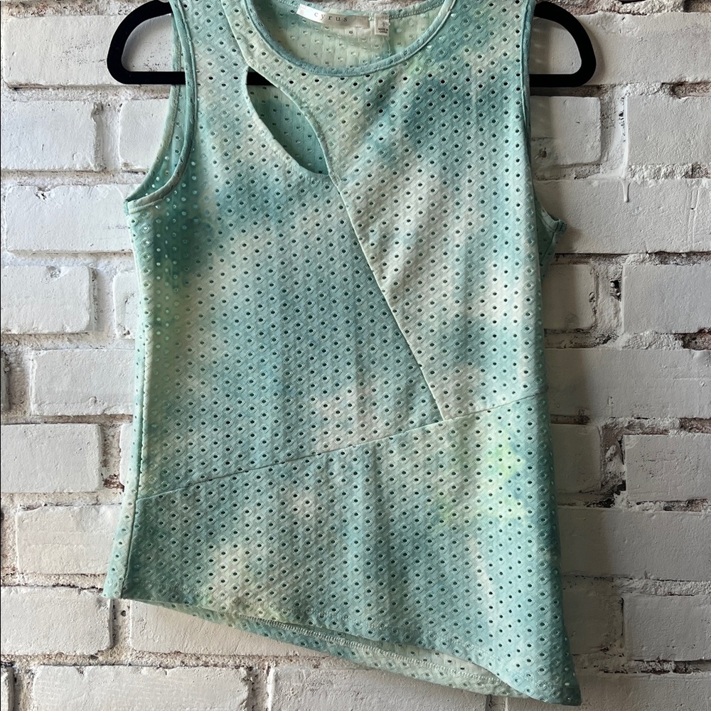 Sleeveless Mint Eyelet Asymmetric Tank Top crew neck lightweight summer tank